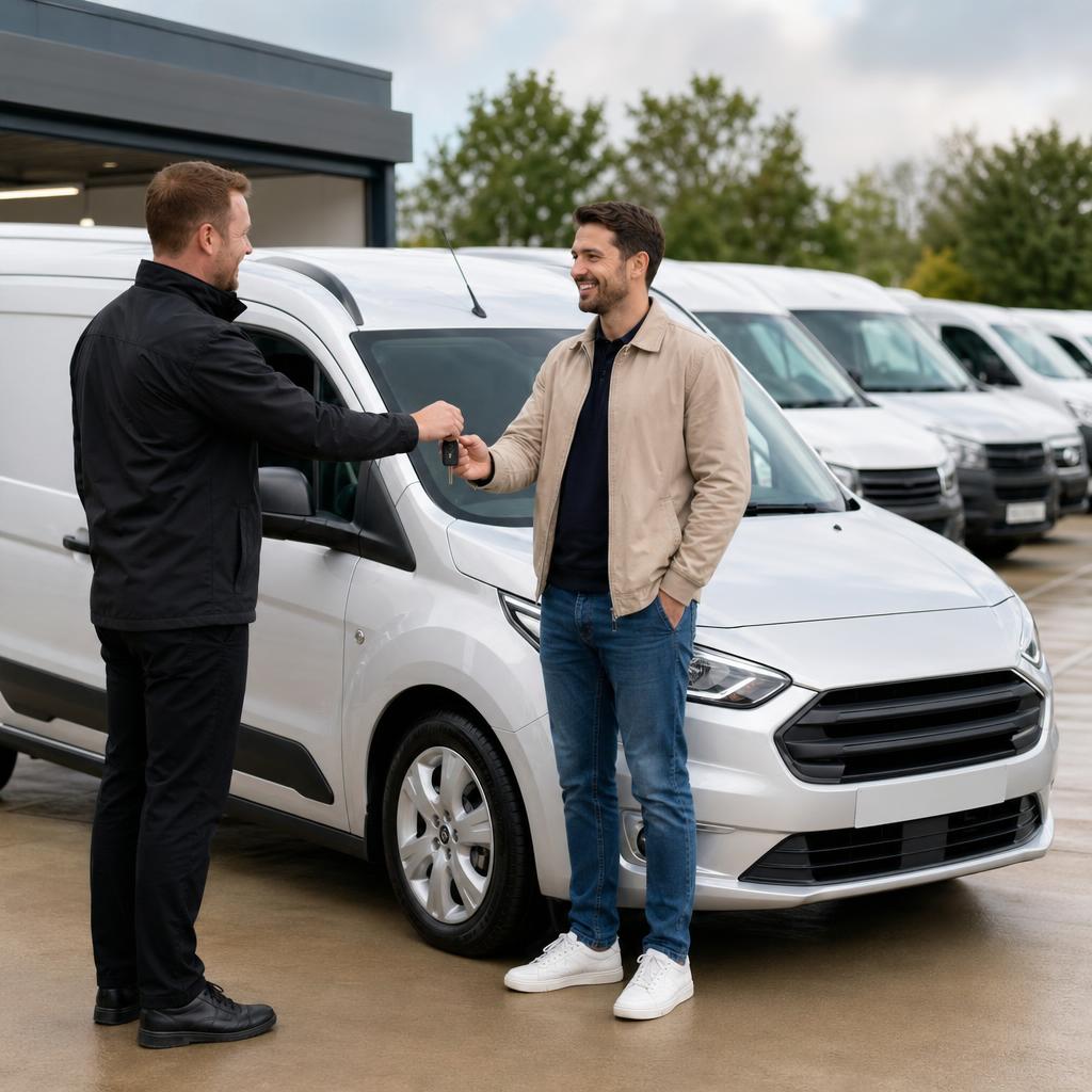 A customer receives keys beside a clean hire van on a vehicle forecourt.