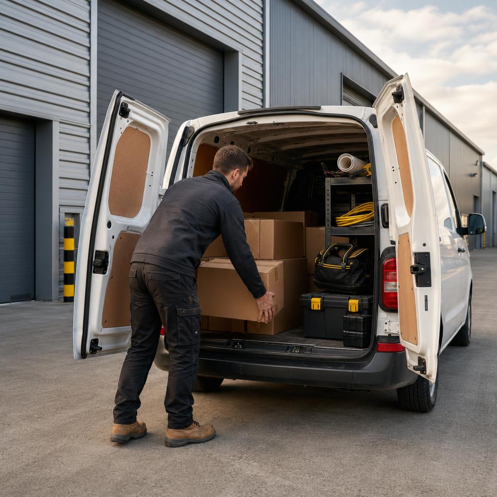 A customer loads boxes into a clean hire van on a Southampton industrial estate.
