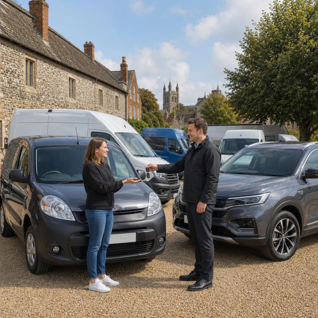 A customer collects keys beside a clean hire vehicle in Winchester.