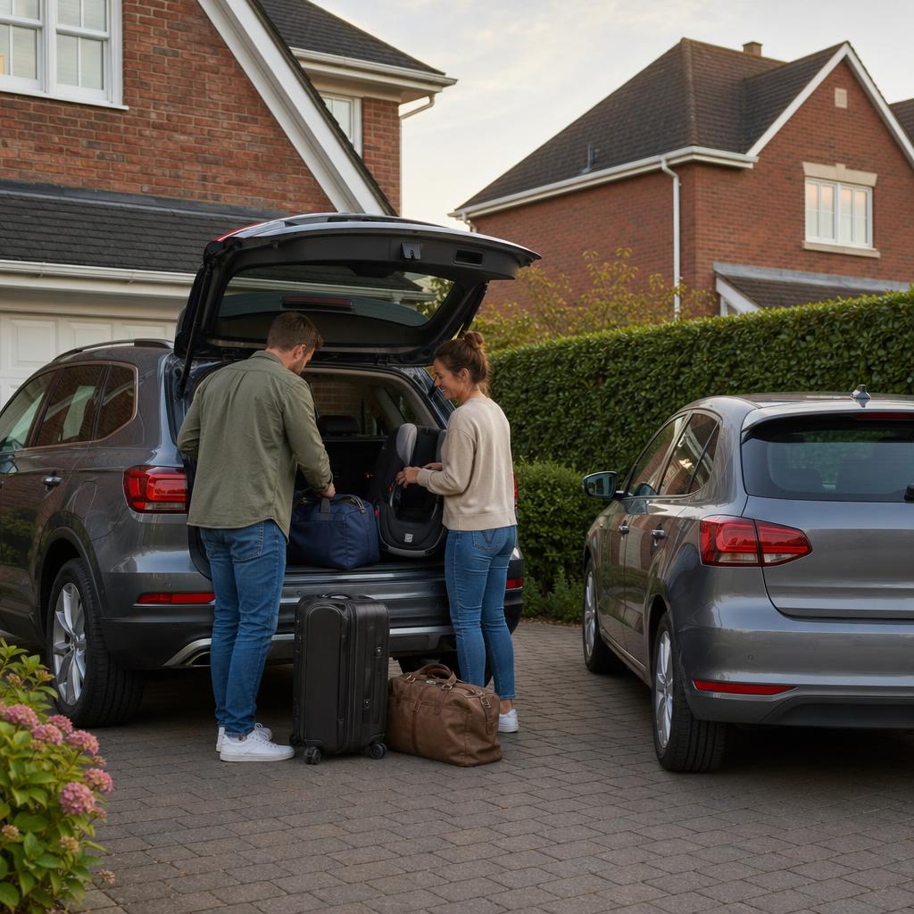 A family loads luggage into a hire SUV on a Chandlers Ford driveway.