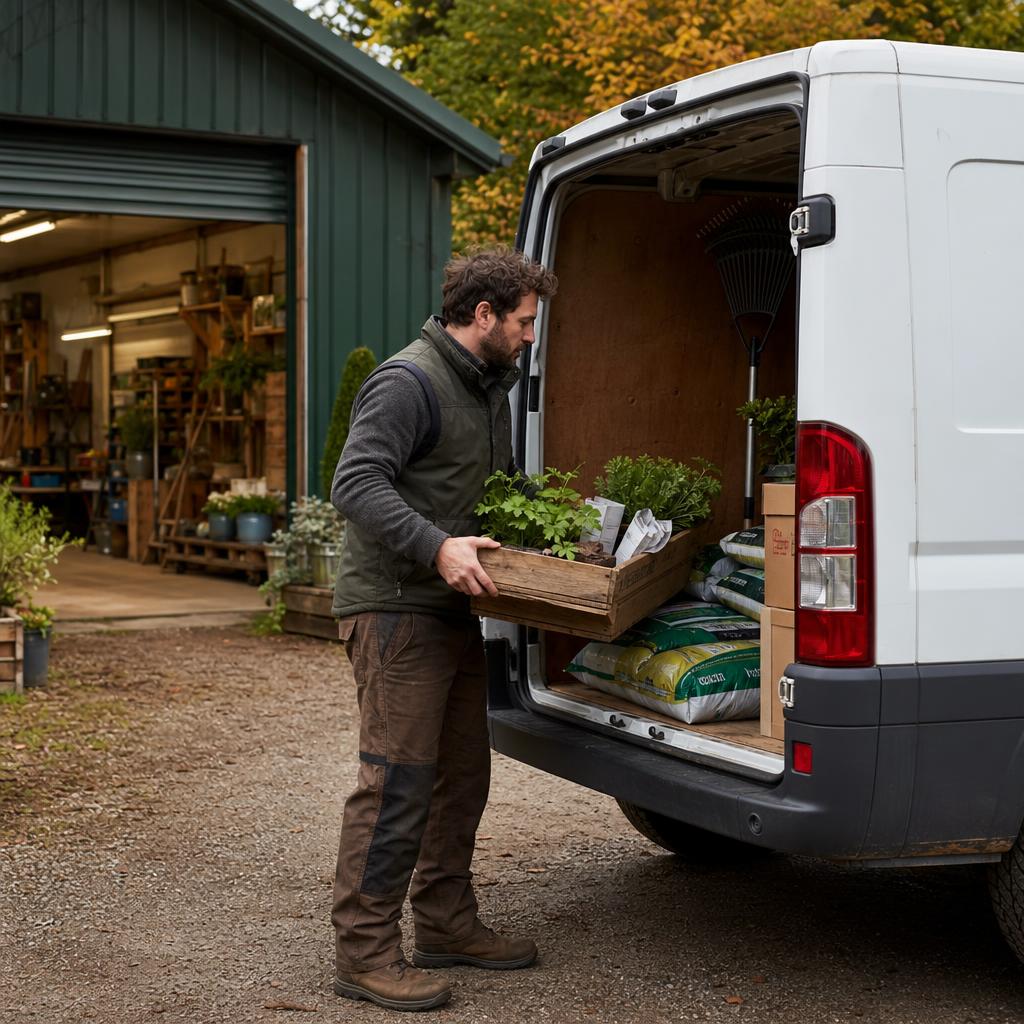 A business owner loads supplies into a hire van in a Romsey yard.