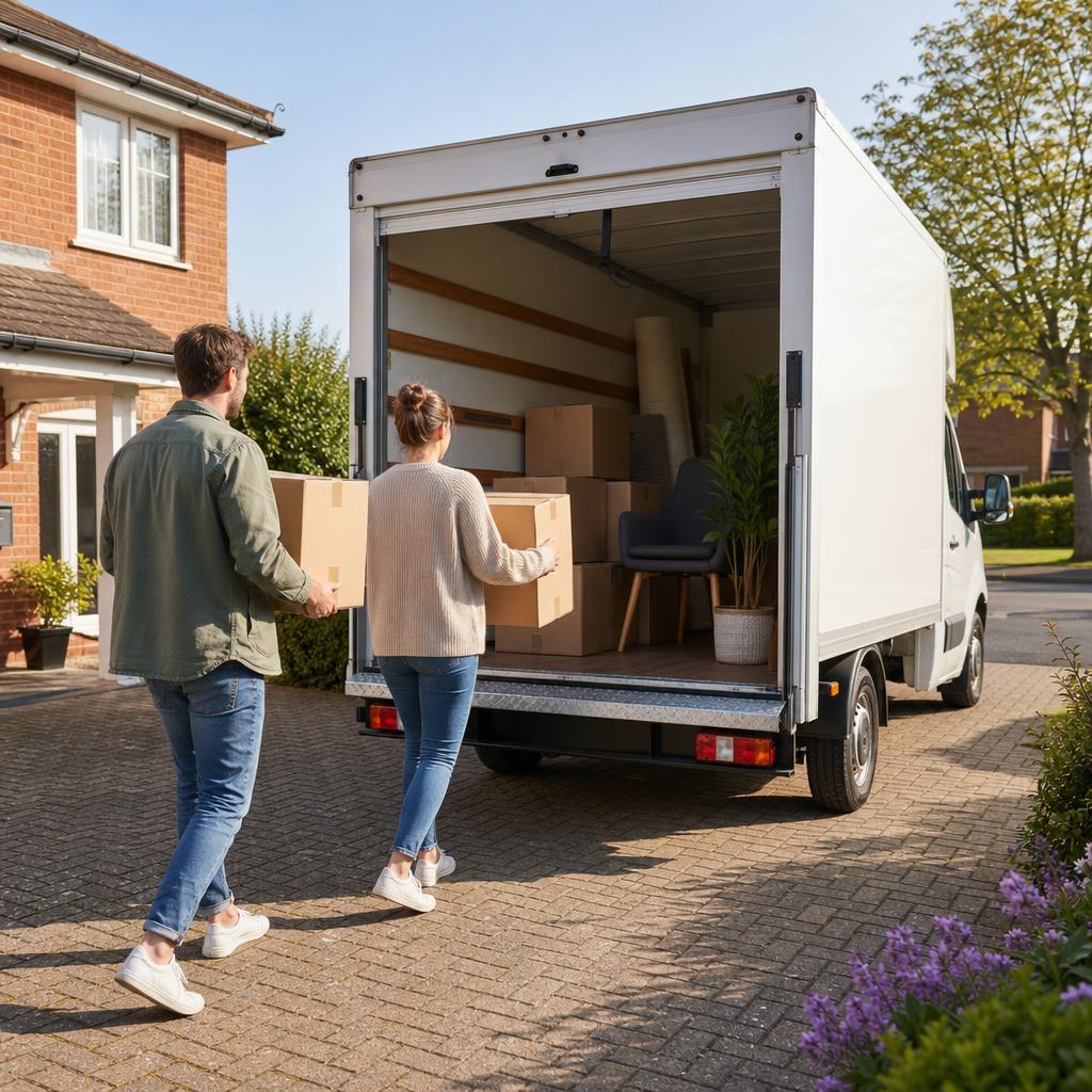 A couple loads moving boxes into a Luton van on a Bishop's Waltham driveway.