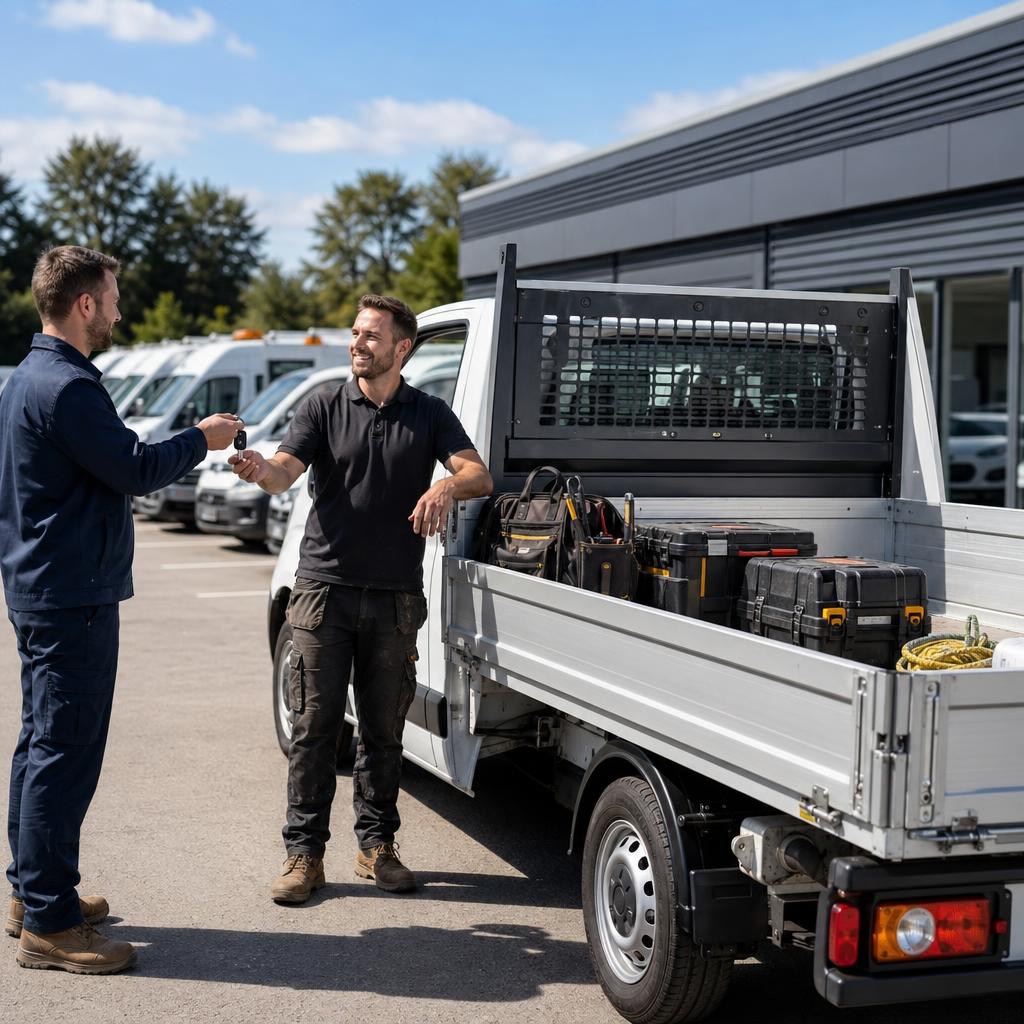 A tradesperson collects a drop-side hire van on a Fareham forecourt.